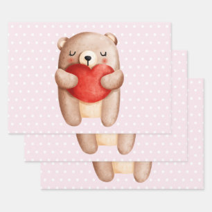 Cute Teddy Bear Carrying a Red Heart Wrapping Paper Sheet