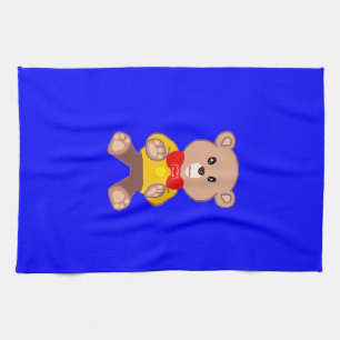 Cute Teddy Bear Cartoon Character on Blue  Tea Towel