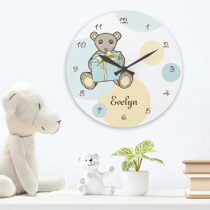 Cute Teddy Bear Cartoon Nursery   Kids Room Pastel Large Clock