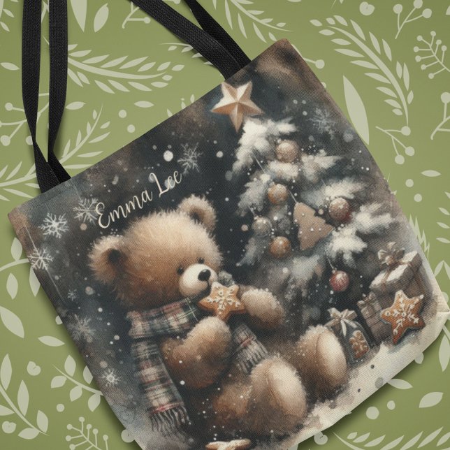 Cute Teddy Bear Christmas Monogram Tote Bag (Creator Uploaded)