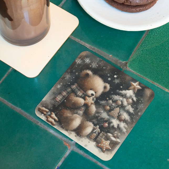 Cute Teddy Bear Christmas Square Paper Coaster (Creator Uploaded)