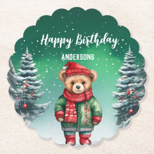 Cute teddy bear Christmas tree birthday girl party Paper Coaster