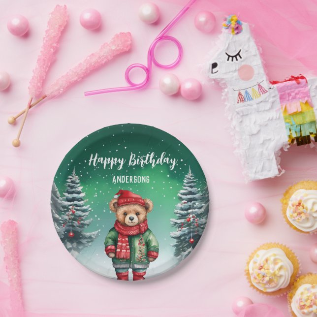 Cute teddy bear Christmas tree birthday girl party Paper Plate (Party)