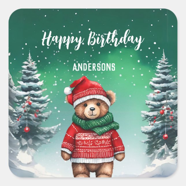 Cute teddy Bear Christmas tree birthday girl party Square Sticker (Front)