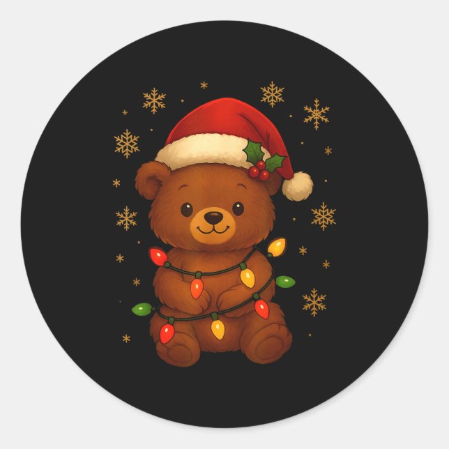 Cute Teddy Bear Christmas Tree Lights Santa Hat Fu Classic Round Sticker (Front)