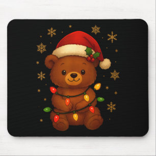 Cute Teddy Bear Christmas Tree Lights Santa Hat Fu Mouse Pad