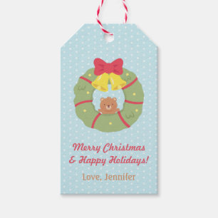 Cute Teddy Bear Christmas Wreath Gift Tag