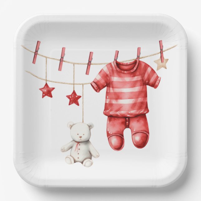 Cute Teddy Bear Clothesline Red Baby Shower Paper Plate (Front)