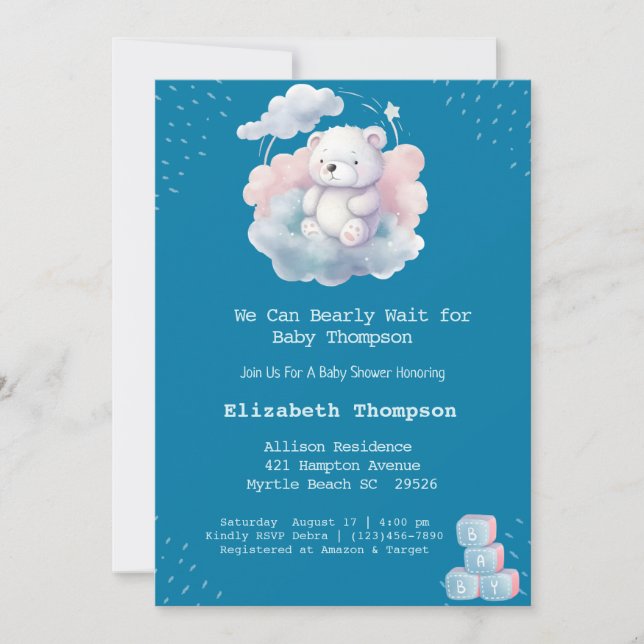 Cute Teddy Bear Cloud Bearly Wait Baby Shower Invitation (Front)