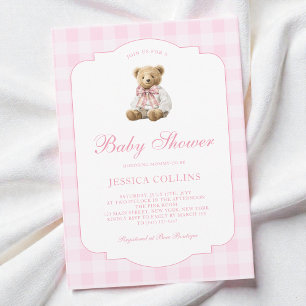 Cute Teddy Bear Coquette Bow Pink Girl Baby Shower Invitation