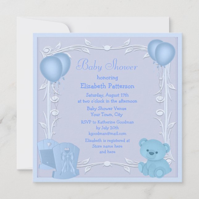 Cute Teddy Bear & Crib Blue Baby Shower Invite (Front)