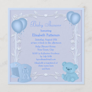 Cute Teddy Bear & Crib Blue Baby Shower Invite