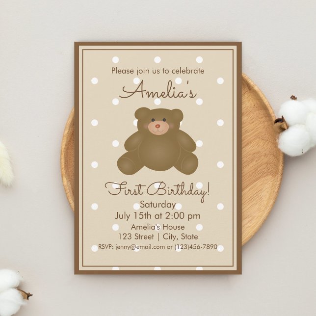 Cute Teddy Bear Cub Baby First Birthday Kids Party Invitation (Creator Uploaded)