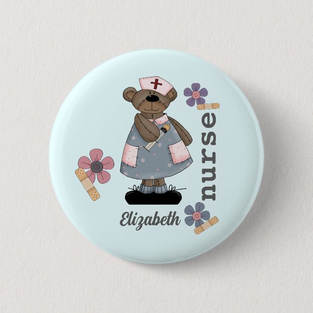 Cute Teddy Bear Custom Name Button for Nurse (Front)
