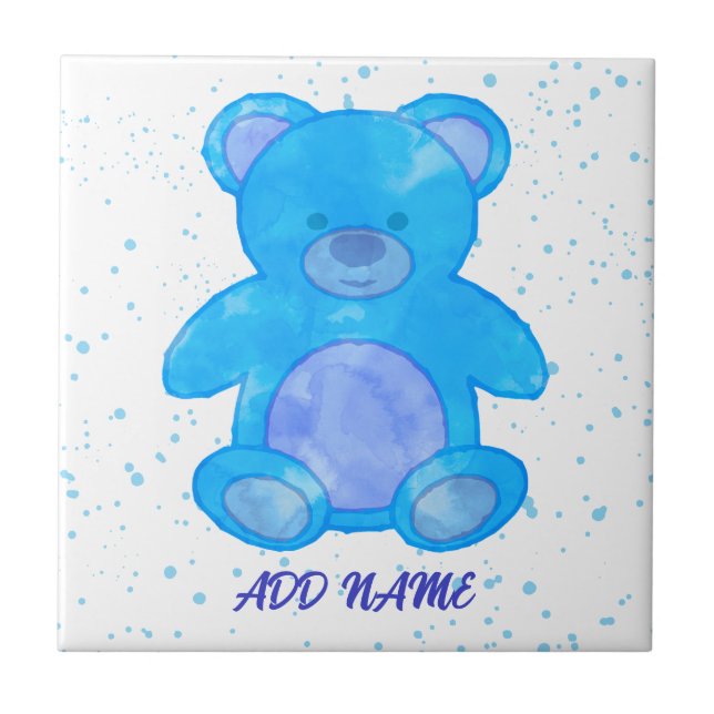 Cute Teddy Bear Custom Text Blue Tile (Front)