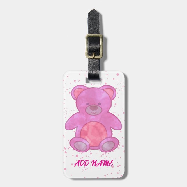 Cute Teddy Bear Custom Text Pink Luggage Tag (Front Vertical)