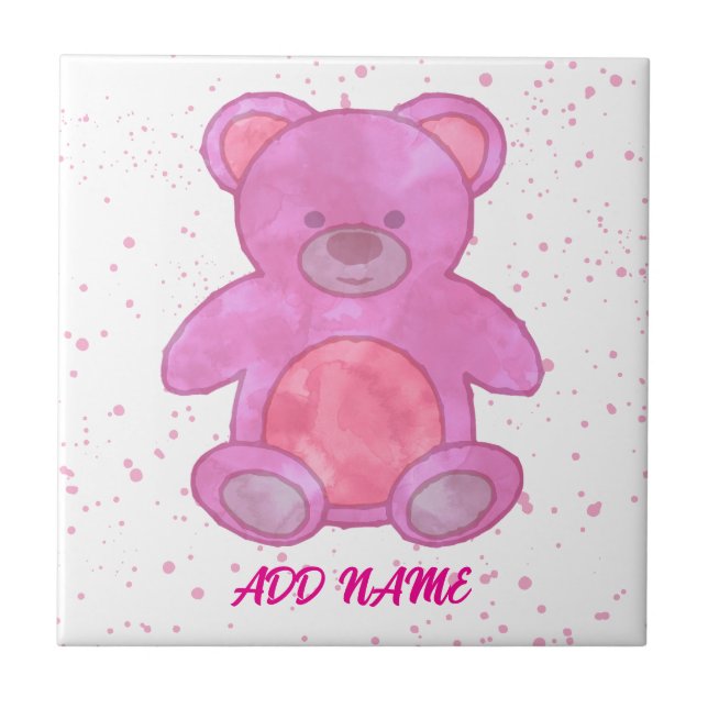 Cute Teddy Bear Custom Text Pink Tile (Front)