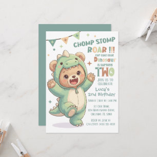 Cute Teddy Bear Dinosaur   2nd Dino Birthday Party Invitation