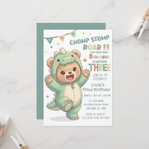 Cute Teddy Bear Dinosaur   Third Dinosaur Birthday Invitation
