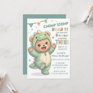 Cute Teddy Bear Dinosaur | Third Dinosaur Birthday Invitation