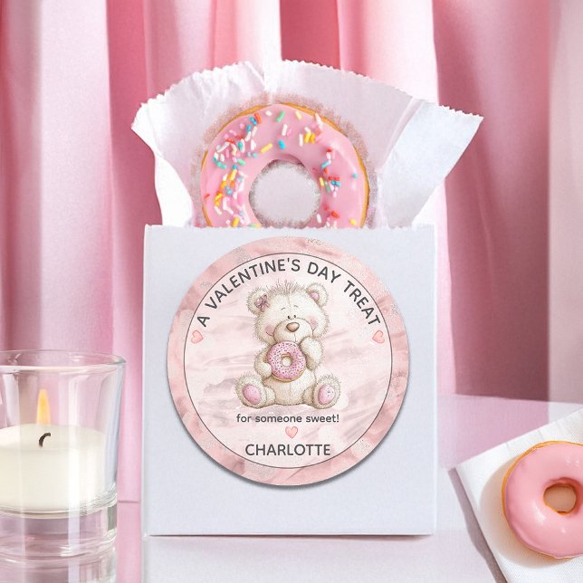 Cute Teddy Bear | Donut Sweet Treat Valentines Classic Round Sticker (Cute Teddy Bear with Donut "A Valentine's Day Treat for Someone Sweet!" Classic Round Sticker)