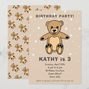 Cute Teddy Bear Drawing Beige Boy Girl Birthday  Invitation