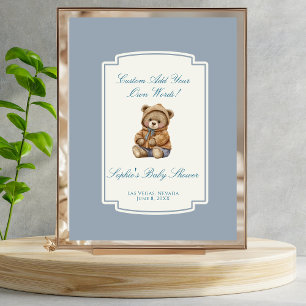 Cute Teddy Bear Dusty Blue Custom Baby Shower Sign