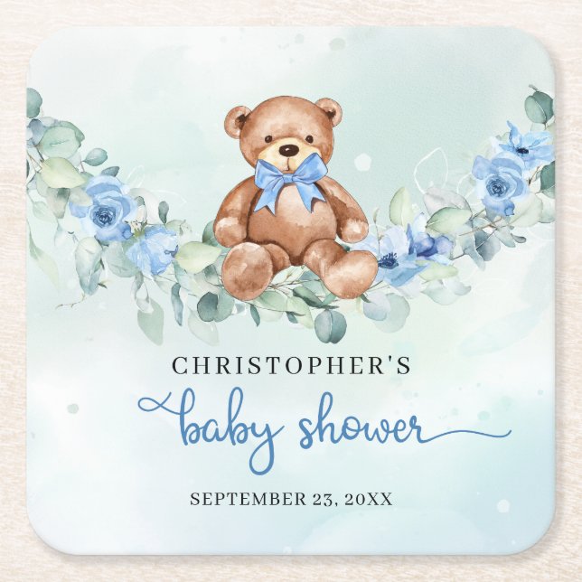 Cute Teddy bear dusty blue flowers eucalyptus Square Paper Coaster (Front)
