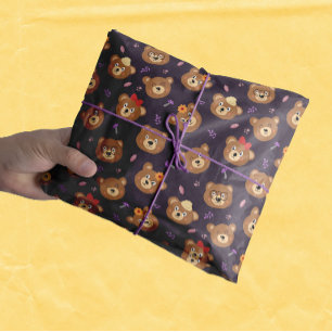 Cute Teddy Bear Face Pattern Autumn   Purple Tissue Paper