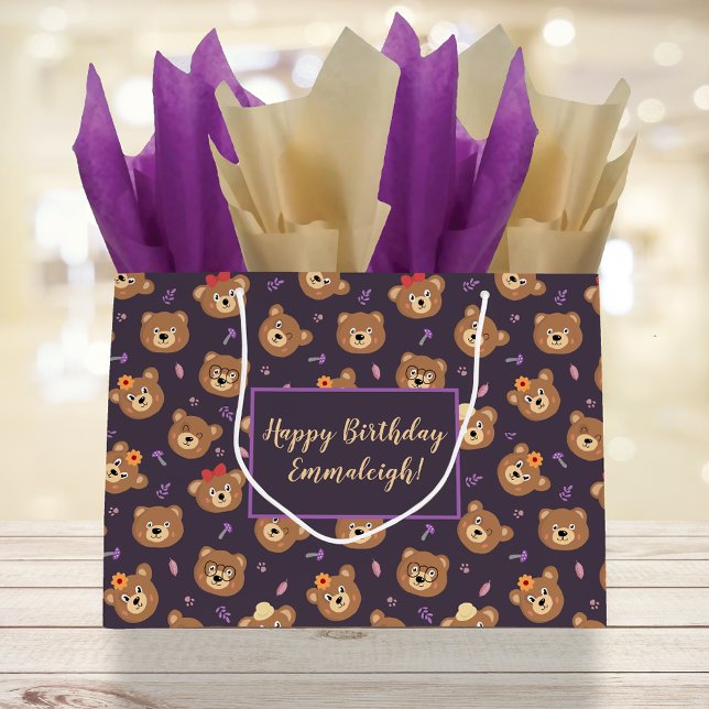 Cute Teddy Bear Face | Purple Custom Large Gift Bag (Creator Uploaded)