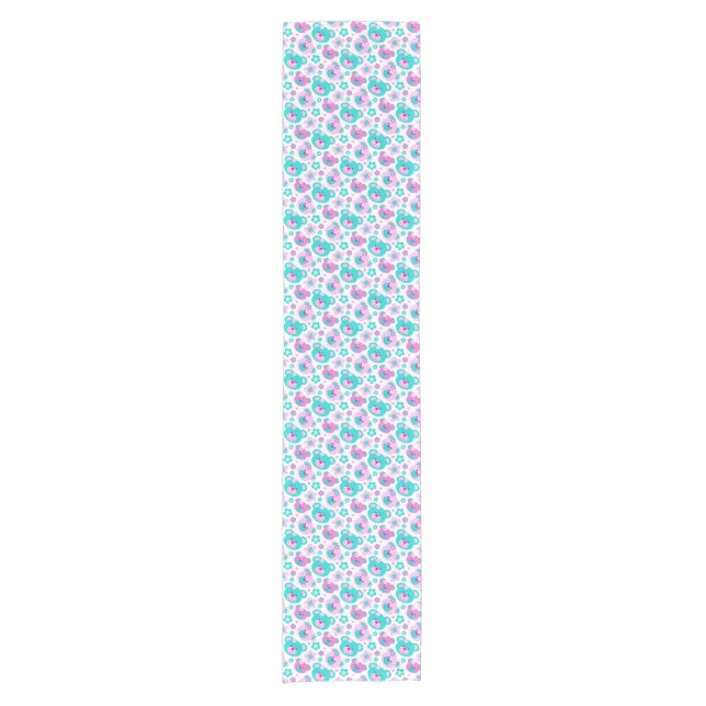 Cute teddy bear faces pink aqua white table runner (Front)