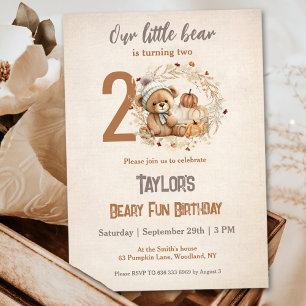 Cute Teddy Bear Fall Pumpkin Boy 2nd Birthday Invitation