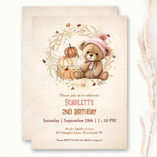 Cute Teddy Bear Fall Pumpkins Girl Birthday Invitation