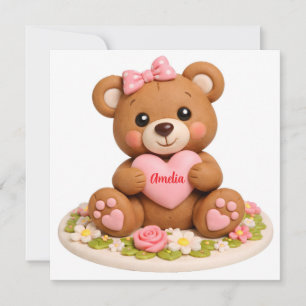 Cute Teddy Bear Figurine with Name Heart Holiday Card