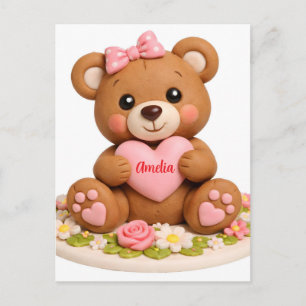 Cute Teddy Bear Figurine with Name Heart Postcard