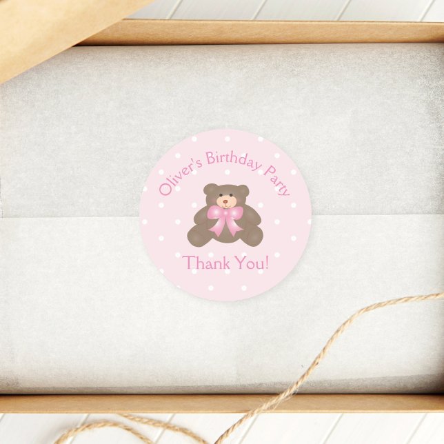 Cute Teddy Bear First Birthday Party Thank You Classic Round Sticker (Creator Uploaded)