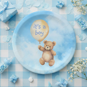 Cute teddy bear floating balloon baby shower paper plate