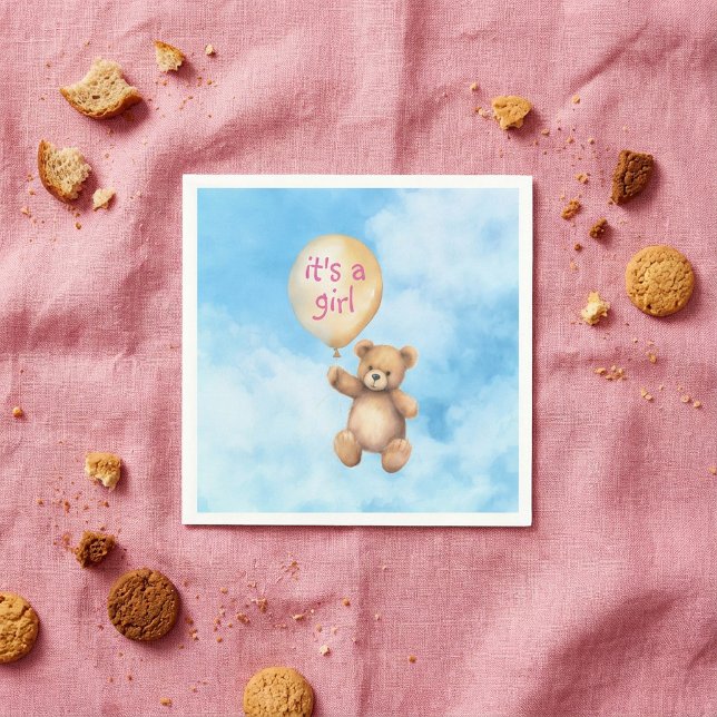 Cute teddy bear floating balloon girl baby shower napkin (Cute teddy bear floating balloon girl baby shower napkins.)