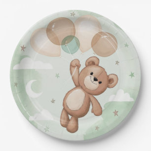 Cute Teddy Bear Floating with Balloons Baby Shower Paper Plate