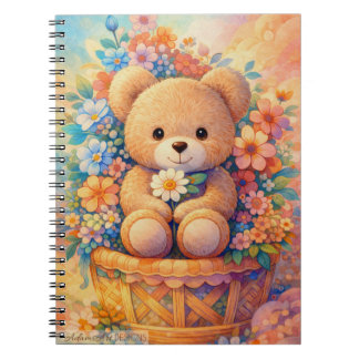 Cute Teddy Bear Floral Basket Pastel Art Notebook