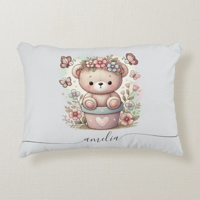 Cute Teddy Bear & Floral Custom Name Decorative Cushion (Front)