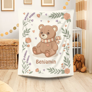 Cute Teddy Bear Floral Custom Name Fleece Blanket