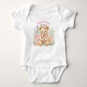 Cute Teddy Bear Floral Design Personalised Baby Bodysuit