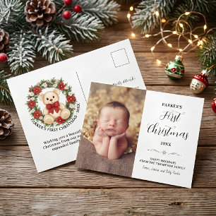 Cute Teddy Bear Floral Wreath Baby First Christmas Postcard