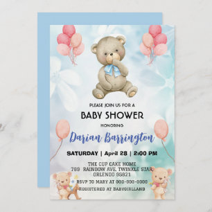 Cute teddy Bear flower balloon baby boy shower Invitation