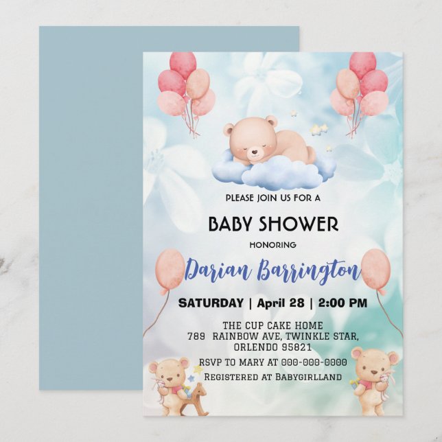 cute teddy Bear flower balloon baby shower party  Invitation (Front/Back)