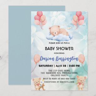 cute teddy Bear flower balloon baby shower party  Invitation