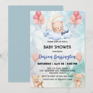 cute teddy Bear flower balloon baby shower party  Invitation