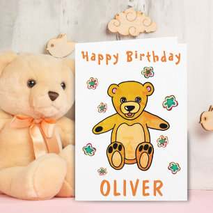 Cute Teddy Bear Flowers Happy Birthday Kids Card