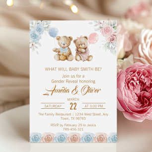 Cute Teddy Bear Gender Reveal Pink Blue Roses Invitation